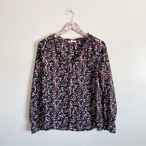 C & C CALIFORNIA Black, Pink, Blue, Cream Print Long Sleeve Ruffle Blouse Small